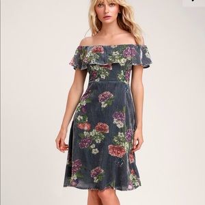 Cute velvet gray floral off the shoulder dress